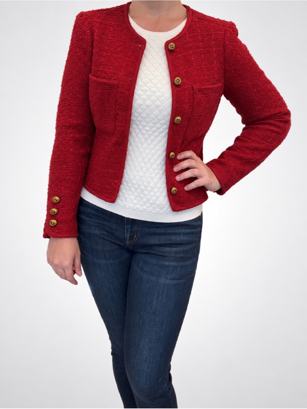 Aqua Red Tweed Button-Front Jacket